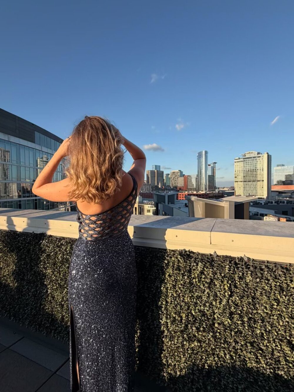 SCALA Sequin One-Shoulder Gown · Gunmetal Navy · Lattice Back · Size L